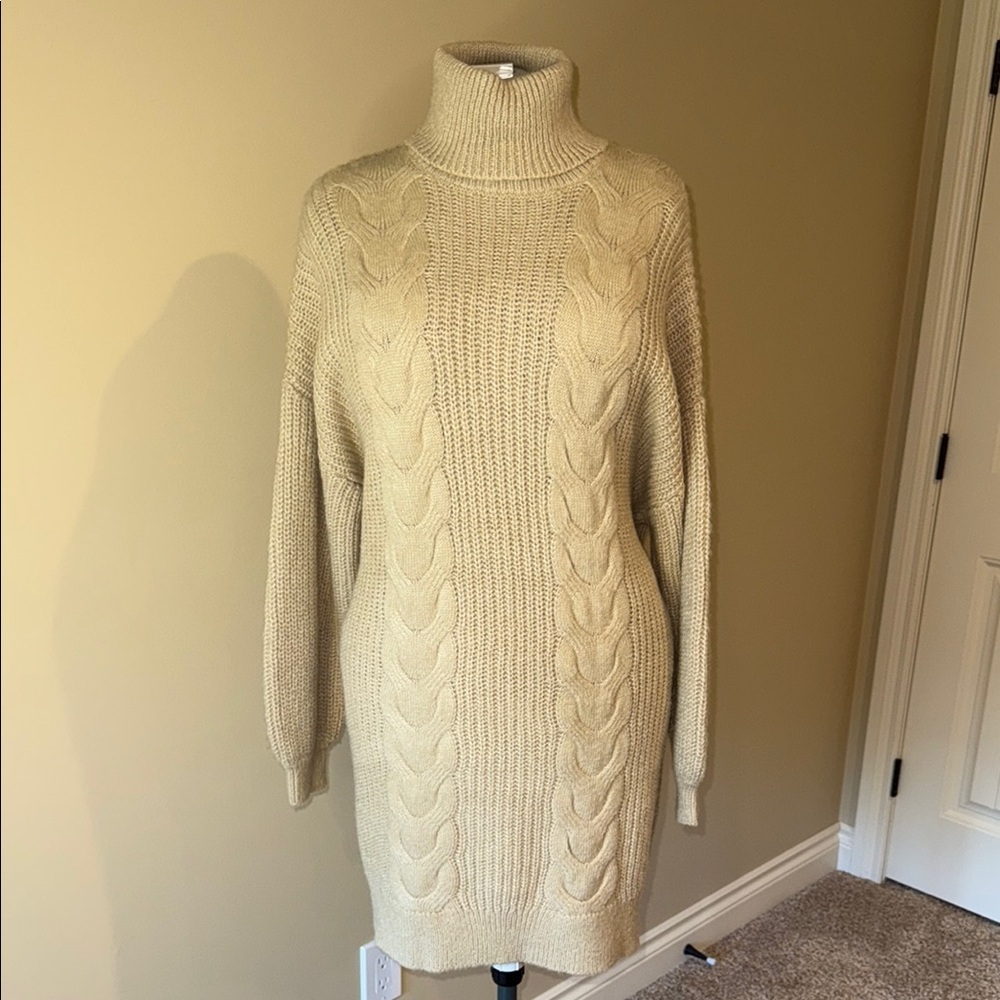 Noisy May Sweater Dress Turtleneck Tan Cable Knit Design Warm Cozy Women's Sz XL